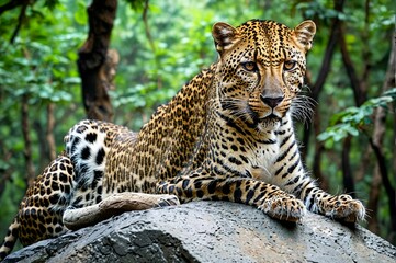 Obraz premium A leopard is laying on a rock in a forest