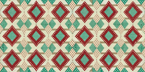 A vibrant geometric pattern featuring red, green, beige, and cream diamonds and triangles, perfect for textile design.