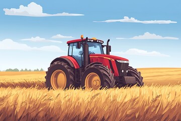 Obraz premium A red tractor working in a golden wheat field under a blue sky with clouds.