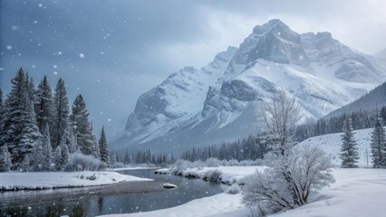 Fototapeta premium Snow in the mountain & a river crossing behind it. Copy space. Majestic snow-covered mountain