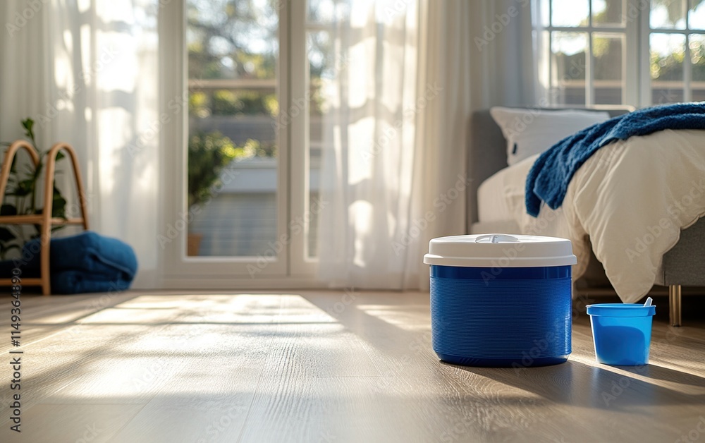 Poster sunlight streams into room with blue containers on wooden floor near bed, creating a relaxing atmosp