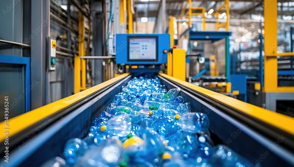 Poster automated plastic bottle recycling: conveyor belt system transports bottles efficiently in factory