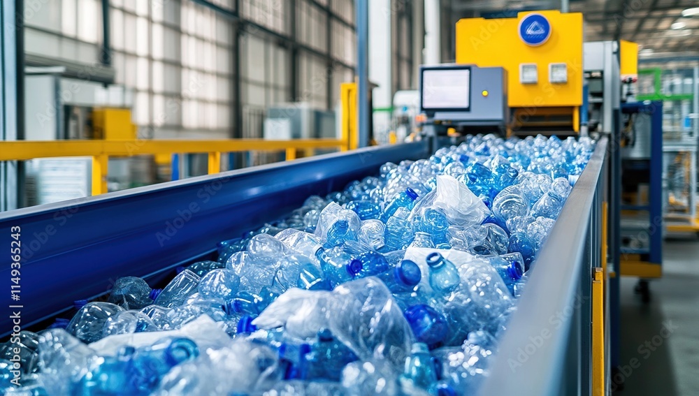 Poster plastic bottle recycling: conveyor belt transports bottles for processing efficiently in a factory
