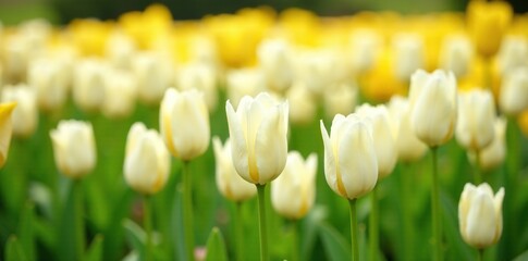 Field of white tulips swaying gently in the breeze, garden, yellow, petals