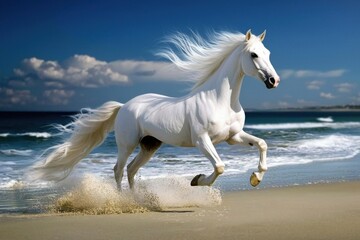 Obraz premium Dynamic movement of a horse running on the beach.