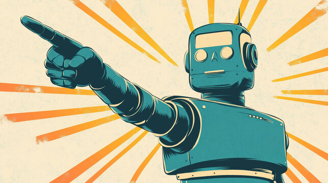 Retro robot points out sale. Colorful vintage pop art style illustration. Robot directs customers towards something. Vintage tech concept. Promotion. Attractive robot design. Retro sci-fi