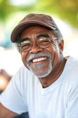 Smiling elderly African American man wearing glasses and a cap, enjoying a sunny day outdoors.
