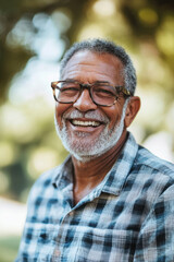 Senior African American man smiling warmly outdoors, wearing glasses and a plaid shirt, surrounded by a natural, blurred background.