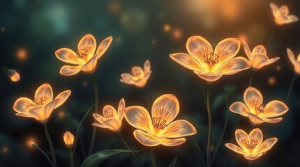 Glowing golden flowers with sparkles on a dark background