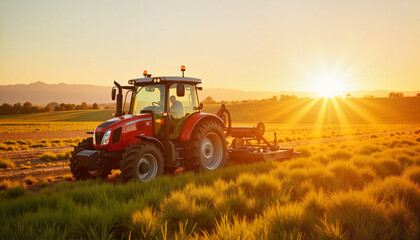Fototapeta premium Modern Agricultural Equipment Working in Golden Fields at Sunset
