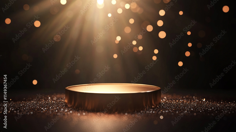 Poster golden spotlight illuminating a circular platform with sparkling particles.