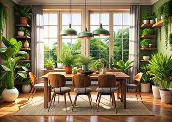 Obraz premium Stylish botanical dining room: wooden table, chairs, large window, abundant plants, elegant home interior.