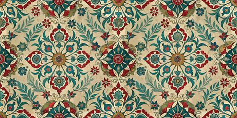 Intricate floral pattern featuring vibrant reds and greens on a beige background, perfect for textile design.