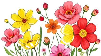 Vibrant floral illustration with red, pink, and yellow blossoms