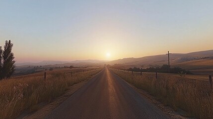 Sunrise over a long, straight road through rural farmland.