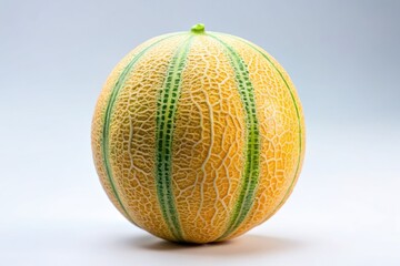 Sun-drenched melon, juicy and ripe, rests on a pristine white background, a summer still life.