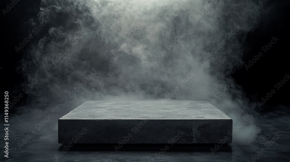Poster mysterious stone platform surrounded by ethereal fog in dark setting.