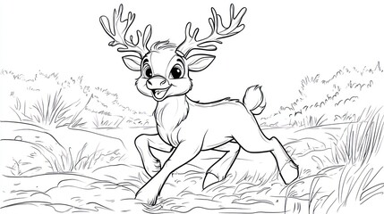 Fototapeta premium Happy Reindeer frolicking in Meadow - Children's Coloring Book Page
