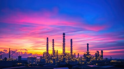 Fototapeta premium Stunning silhouette of a refinery complex against a vibrant dusk sky