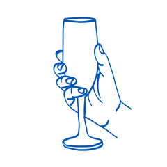 Hand holding a champagne glass. Blue doodle vector illustration. Index, middle, ring, little fingers and thumb