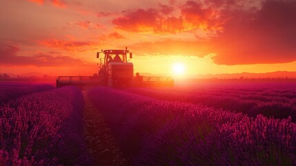 Fototapeta premium Stunning sunset over a vibrant lavender field with a modern harvester in action