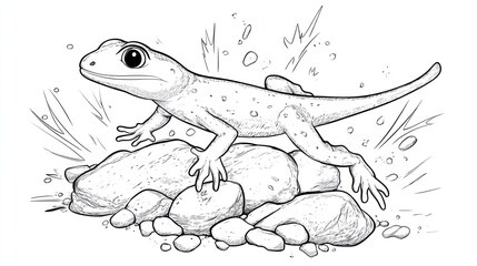 Obraz premium Cartoon Gecko Jumping Over Rocks - Coloring Book Page for Kids