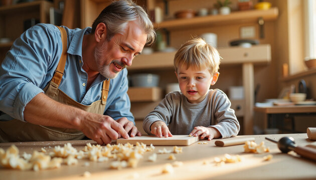 Experienced Grandfather Teaching Woodworking to Attentive Grandson