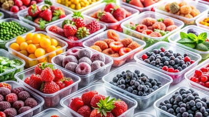 Vibrant frozen berries and vegetables gleam inside clear plastic containers, perfect for stock images.
