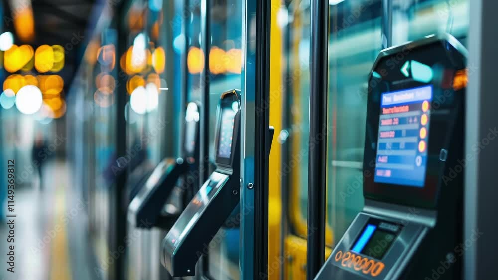 Poster modern ticket validation machines scanning passenger tickets in a subway station, ensuring efficient