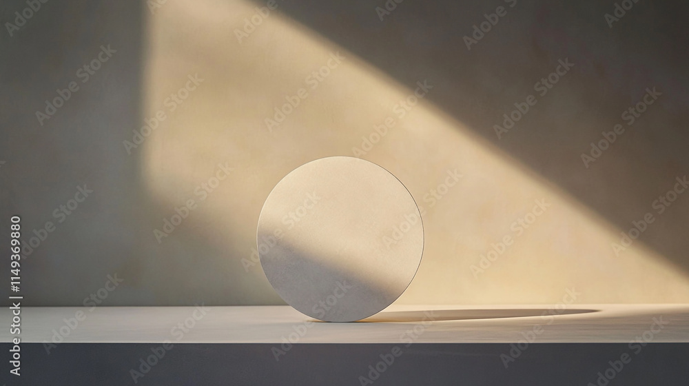 Poster minimalist circle casting soft shadows in ambient light with simple background.