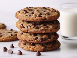A stack of chocolate chip cookies beside a glass of milk, inviting a delightful snack.