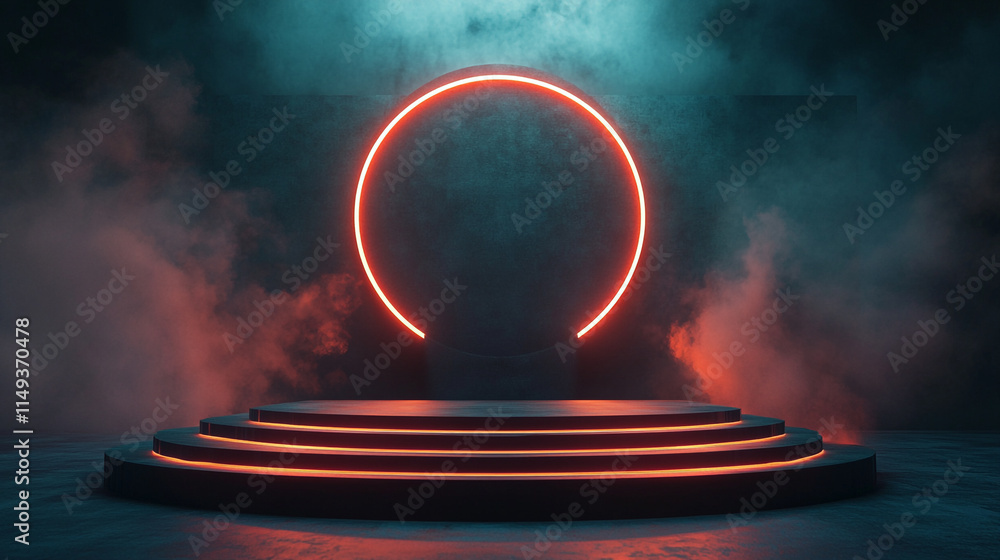 Poster neon circular stage with illuminated effects and fog at twilight.