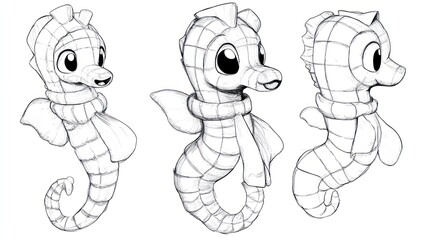 Obraz premium Cute Cartoon Seahorse with Scarf - Children's Coloring Book Page