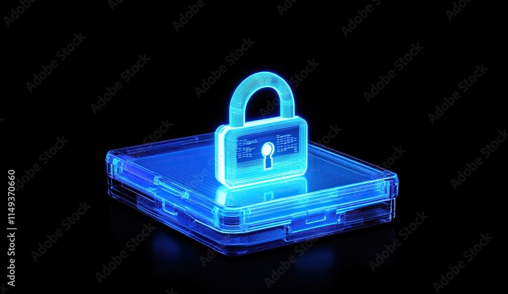 Poster cybersecurity: digital lock secures data on virtual case, protecting information globally