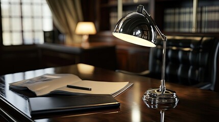 A polished chrome desk lamp on a dark oak desk, reflecting its surroundings.