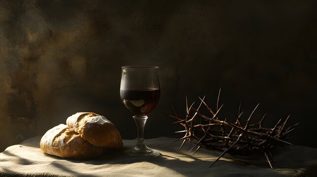Holy Communion Bread Wine And Crown Of Thorns