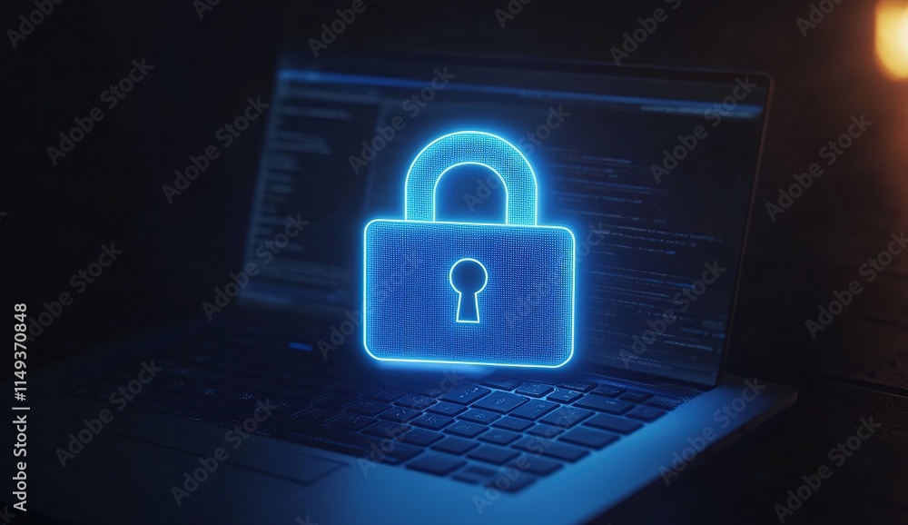 Poster digital lock secures online data with encryption on laptop, enhancing privacy immediately