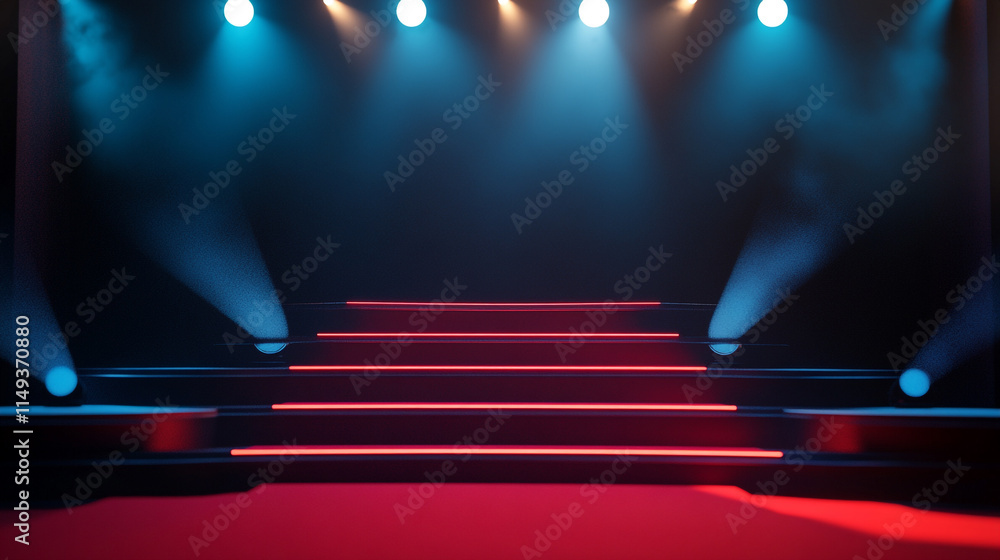 Poster dramatic stage setting with spotlight and illuminated steps for performance night.