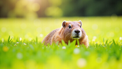 Alert Marmot Nestled in Verdant Summer Grass