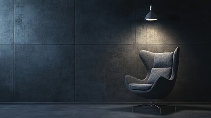 Style loft interior with gray armchair on dark cement wall.