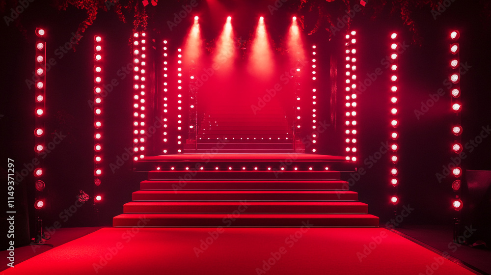 Poster bright red stage setup with dramatic lighting for a performance event.