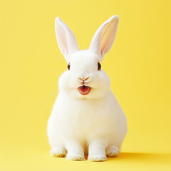 A white bunny rabbit  holding a carrot in its front paws, giggling happily