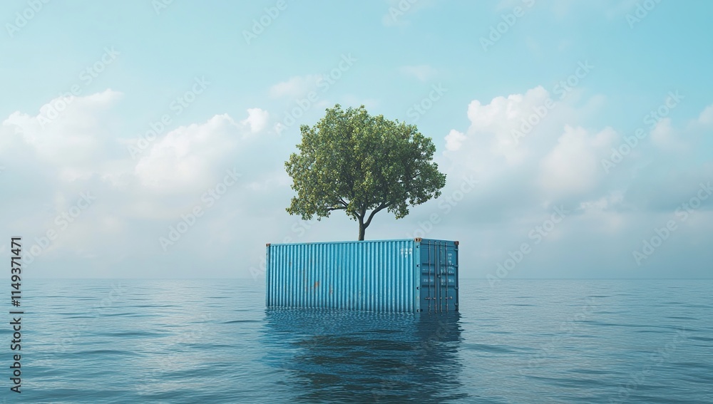 Poster a resilient tree grows on a floating container in calm ocean waters under a blue sky
