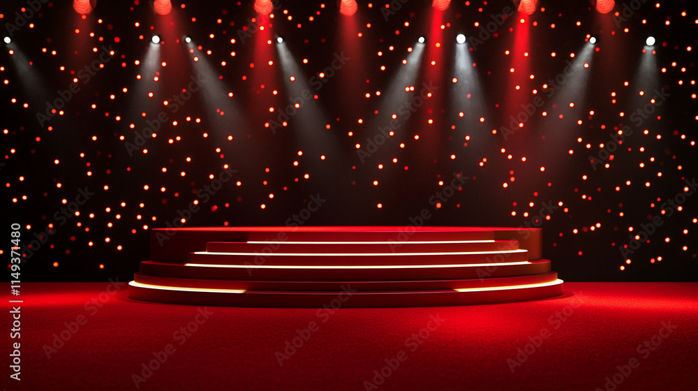 Poster red illuminated stage with bright lights for a performance event.