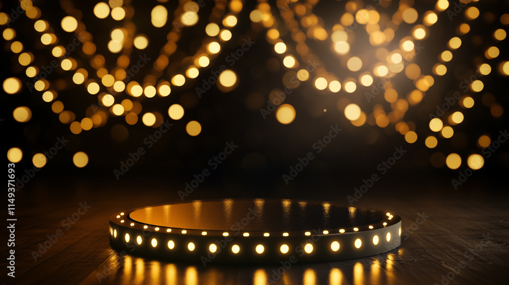 Poster elegant stage with warm lights creating a captivating atmosphere for performances.