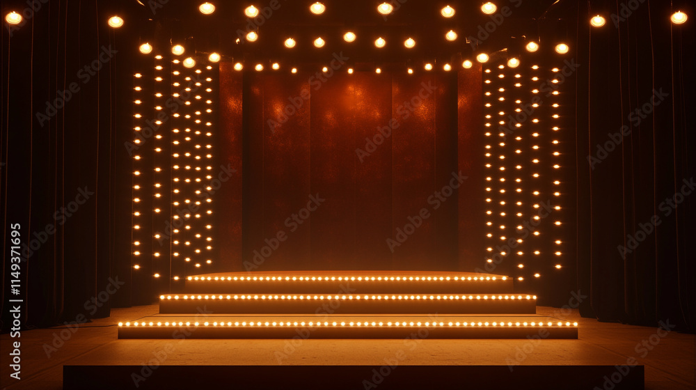 Poster stage with warm lighting ready for a performance in a theater setting.