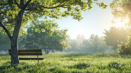 Naklejka premium Scenic Outdoor Space with Bench Under Tree