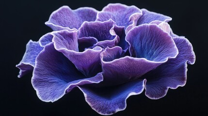 A purple rose with unique, layered petals, standing out vividly against a dark black backdrop.