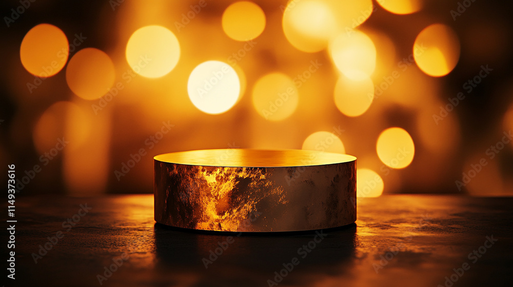 Poster golden metallic surface with softly glowing bokeh lights in background.