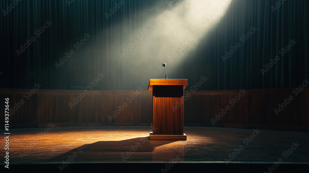 Poster spotlight on podium in an empty auditorium during an event preparation.